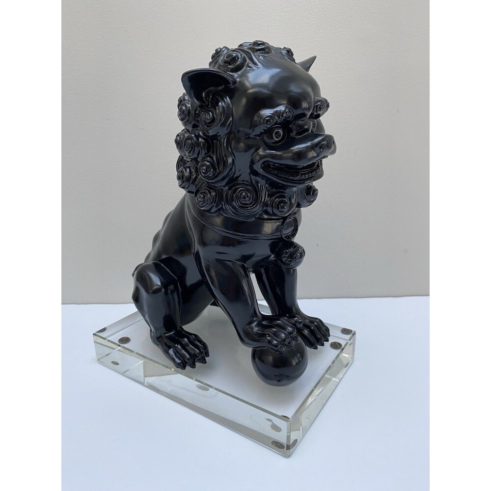 Modern Black Heavy Ceramic Chinese Foo Dog on Large Lucite Base Statue / Bookend - Picture 10 of 10